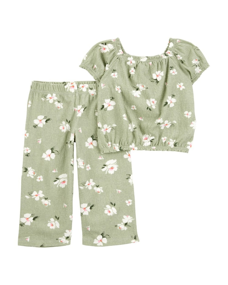 Conjunto longo infantil 2 peças texturizada floral verde