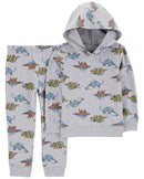 Conjunto longo de moletom infantil 2 peças capuz dinossauro cinza