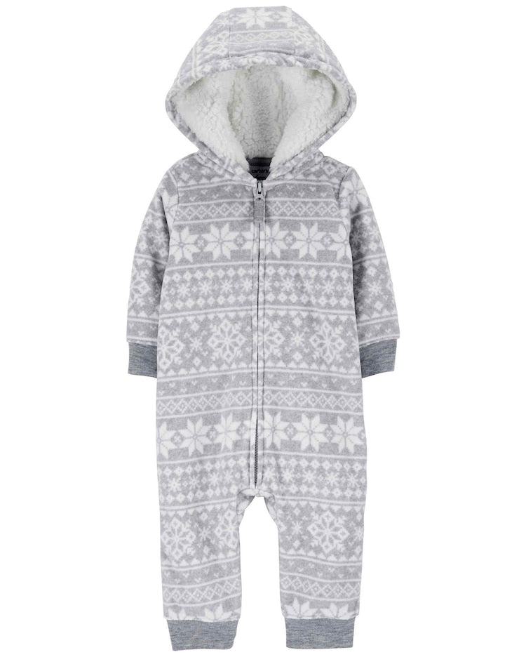 Macacão bebê fleece capuz sherpa neve cinza