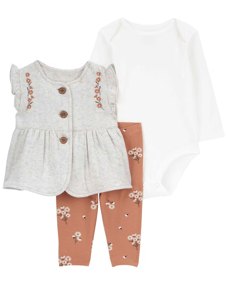 Conjunto longo bebê 3 peças floral com botões multicor | Carter's