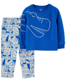 Pijama longo infantil 2 peças de fleece dinossauro azul |