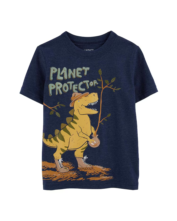 Camiseta infantil dinossauro de chapéu azul |