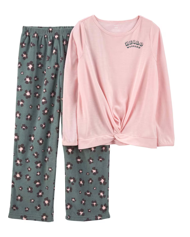 Pijama longo infantil 2 peças nó frontal rosa |