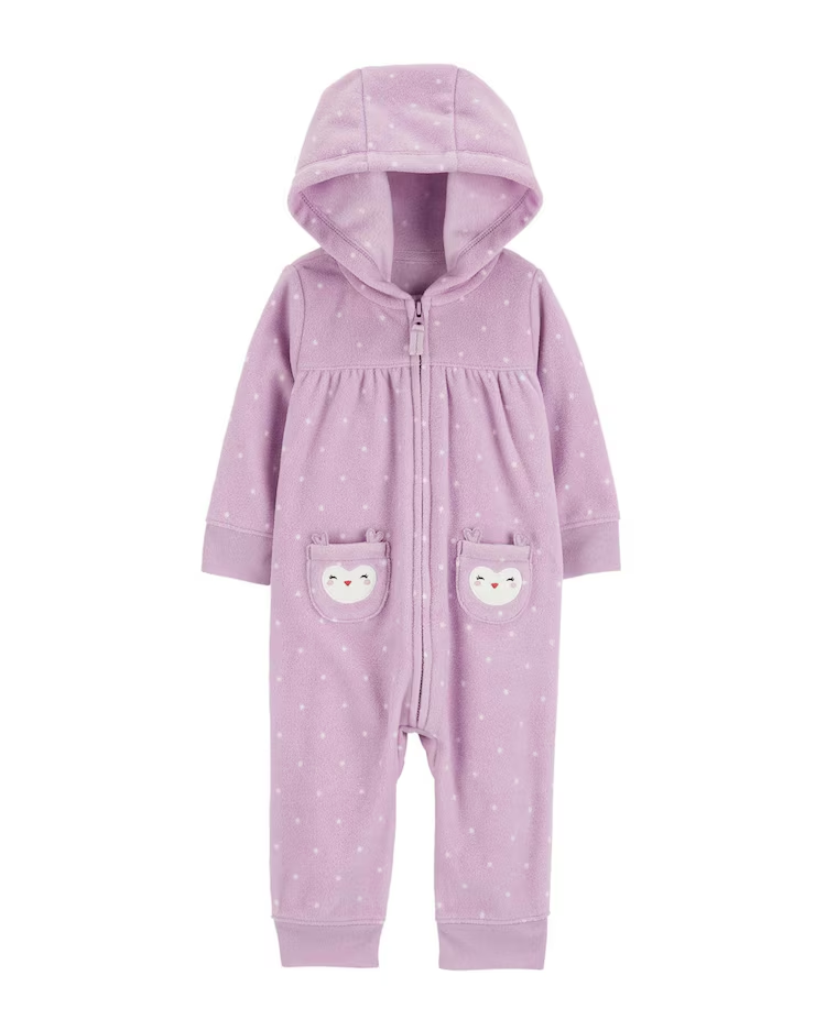 Macacão bebê de fleece poá e bichinhos com capuz lilás | Carter's