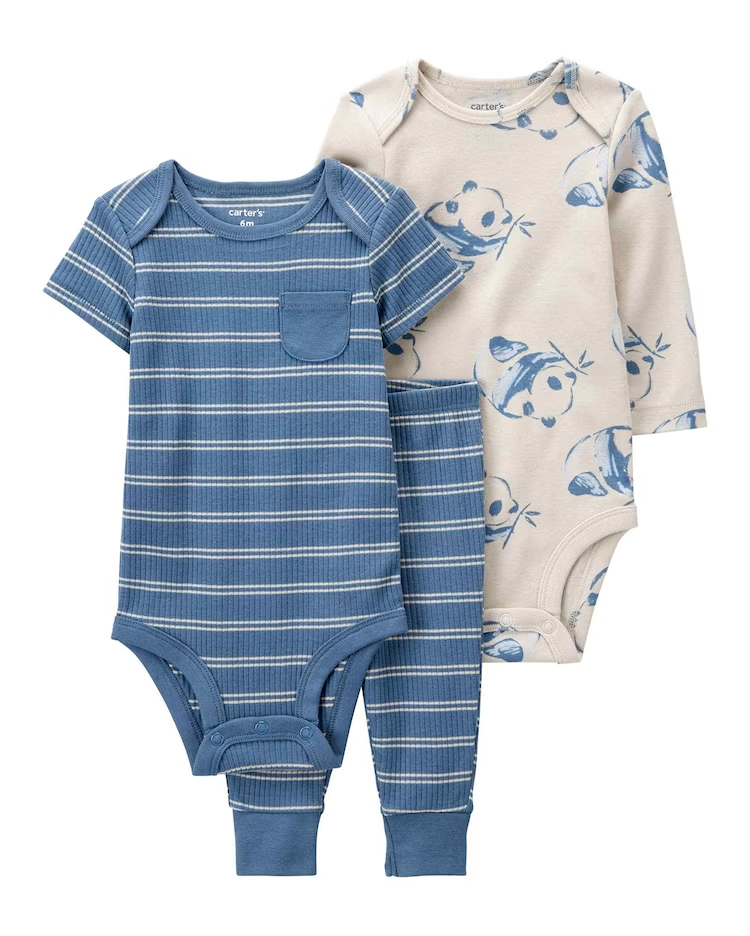 Conjunto longo bebê 3 peças listrado e panda multicor |