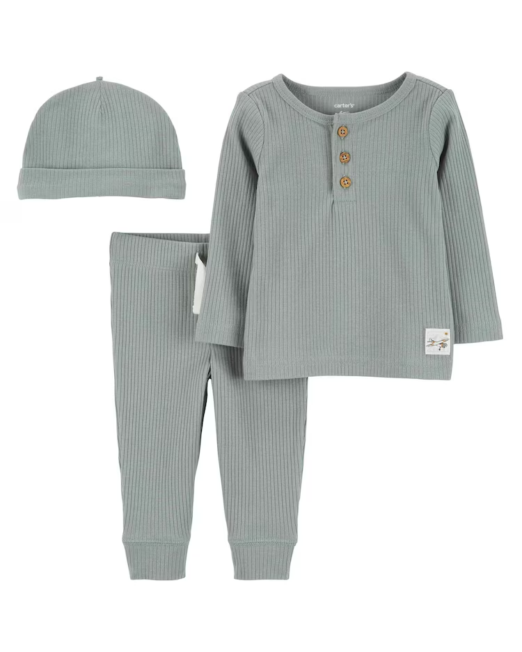 Conjunto longo bebê 2 peças e touca canelado verde |