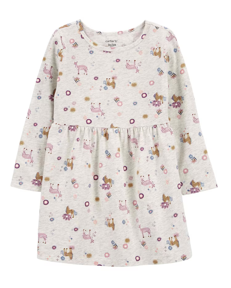 Vestido infantil evasê floral manga longa off-white |