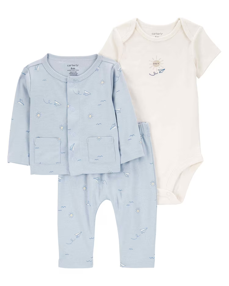 Conjunto longo bebê 3 peças avião de papel e sol multicor |