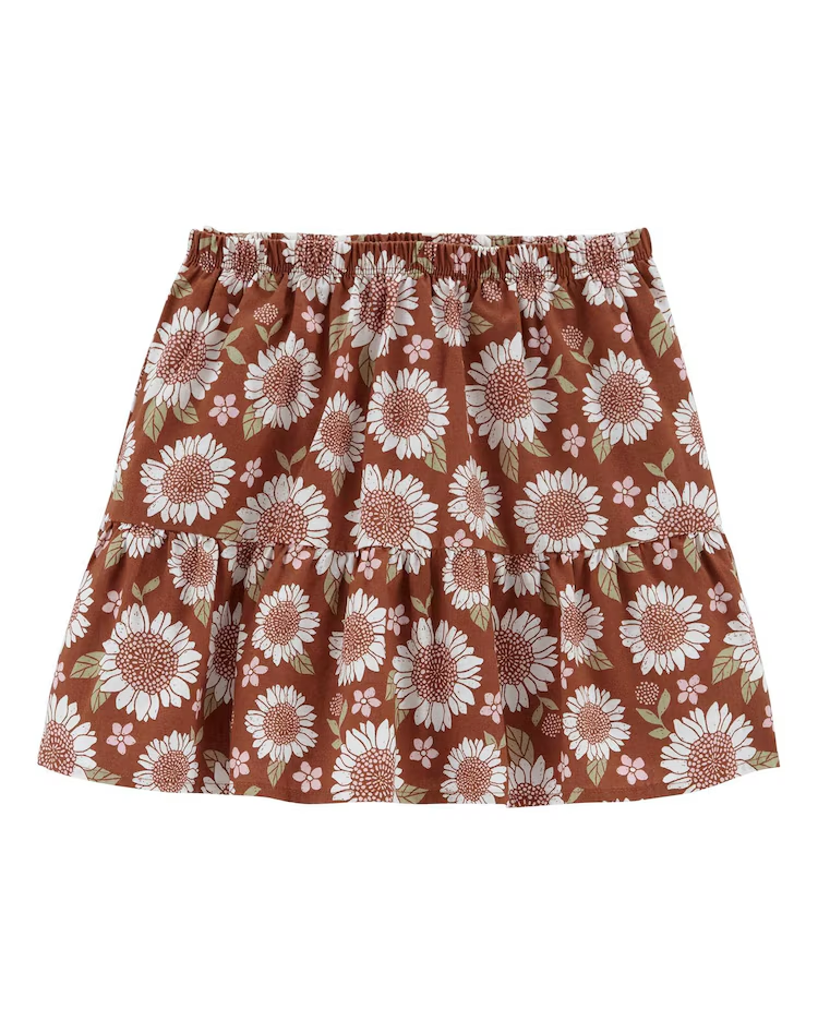 Saia Curta Infantil Babados Linho Floral Marrom Tam 6 a 8