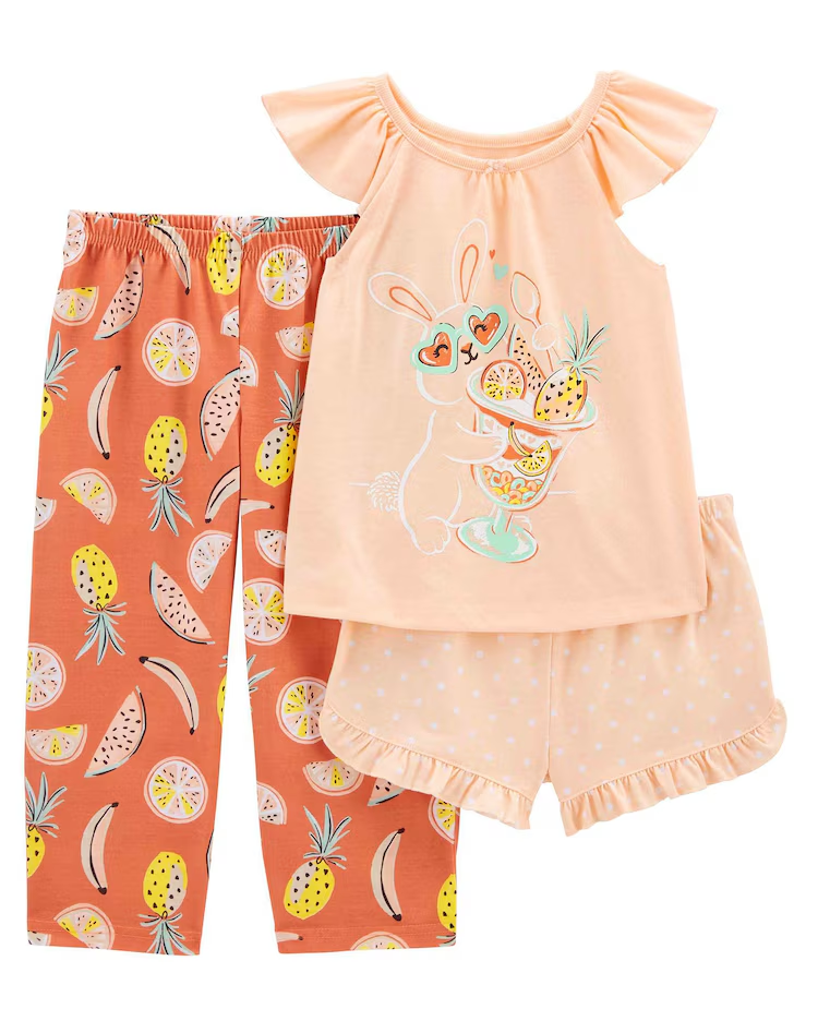 Pijama longo infantil 3 peças frutinhas e coelhinho multicor |